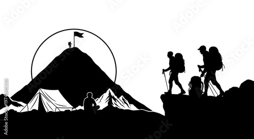 Silhouetted hikers conquer mountain peaks with tents and flags under a bright sun