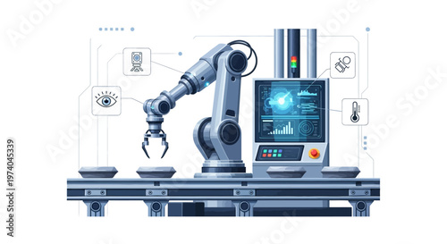 A vector illustration depicts an industrial robotic arm precisely assembling components on a conveyor belt, monitored by a system with data-rich displays, set against a clean white