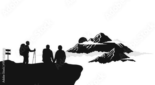 Silhouetted hikers enjoying mountain view at sunrise vector illustration