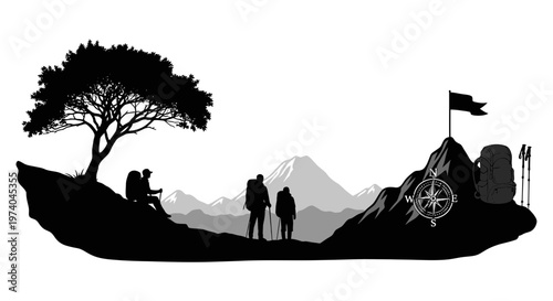 Silhouetted hikers explore mountainous terrain with backpacks and compass