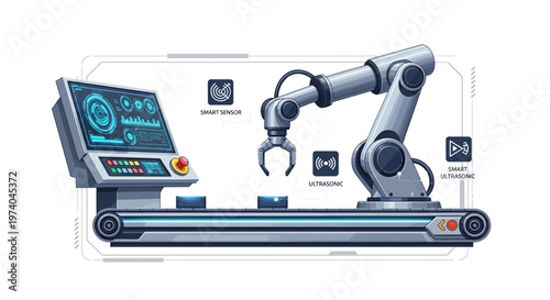 Vector illustration showing a robotic arm working on a conveyor belt, monitored by a system with a digital interface, conveying a sense of industrial automation in a modern factory setting