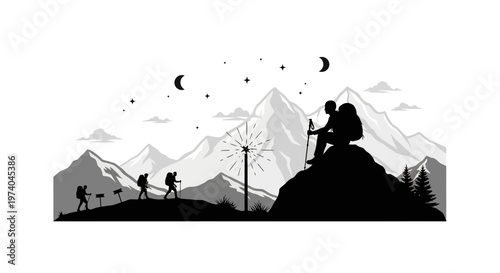 Silhouetted hikers navigate mountainous terrain under stars and crescent moon