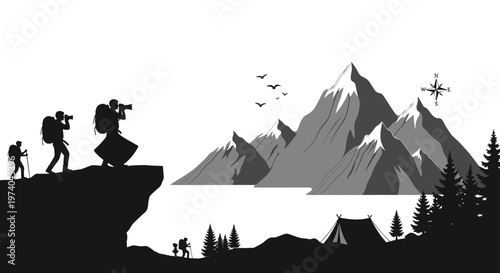 Silhouetted hikers on a cliff photographing mountain range during daylight