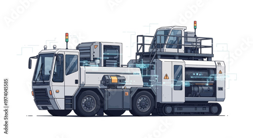 A detailed vector illustration showcases an industrial robot machine with complex system monitoring and robotic arms, set against a clean white background in a flat, technical drawing