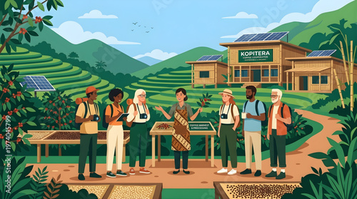 Diverse tourists learning about sustainable coffee processing at a tropical plantation with solar panels