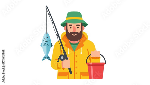 Man with fishing rod and caught fish.