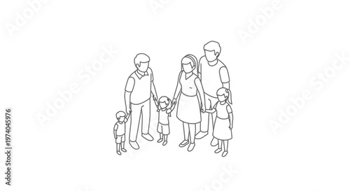 Large Family Holding Hands Together in a Line Art Illustration.