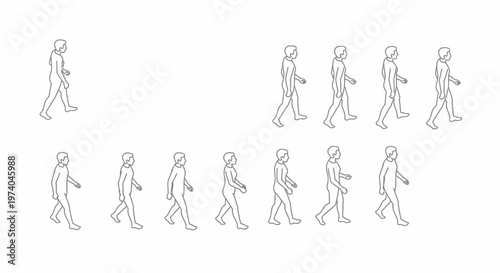 Line art animation frames of a person walking, showcasing various stages of movement.