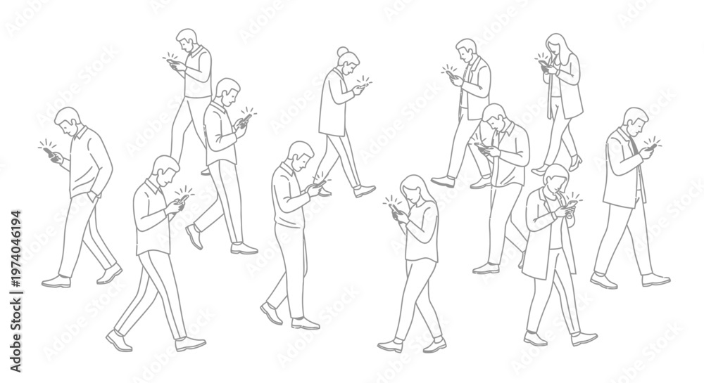 Fototapeta premium People walking while using smartphones, engrossed in their mobile devices.