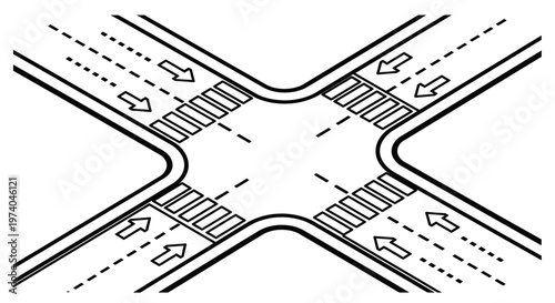Overhead view of a four-way intersection with crosswalks and arrows indicating traffic flow.