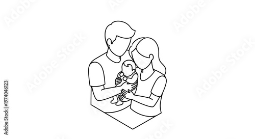 Outline drawing of a happy family with a newborn baby.