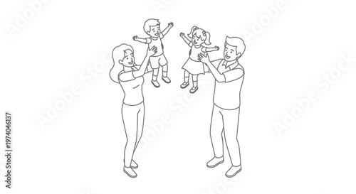 Parents playing with their children, lifting them up in the air with joy.