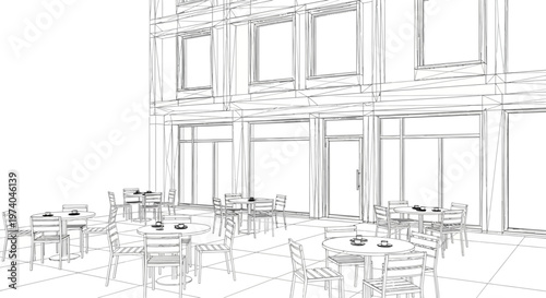 Outdoor cafe seating area with tables and chairs in a minimalist line art style.