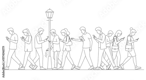 People walking while engrossed in their smartphones, illustrating modern digital distraction.