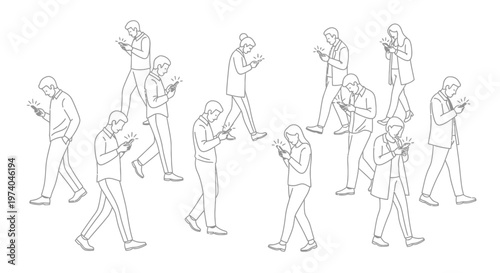 People walking while using smartphones, engrossed in their mobile devices.