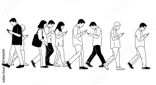 People walking while engrossed in their smartphones, illustrating modern digital distraction.