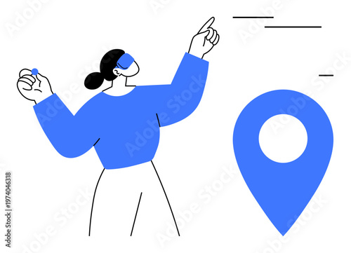 Navigation, geolocation, augmented reality, digital mapping, location services, travel planning. A person pointing to a large location pin symbol. Navigation and geolocation