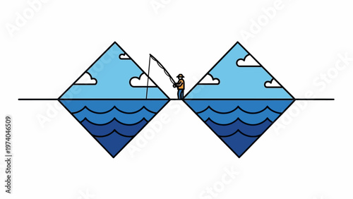 Man Fishing from Diamond Shaped Islands.