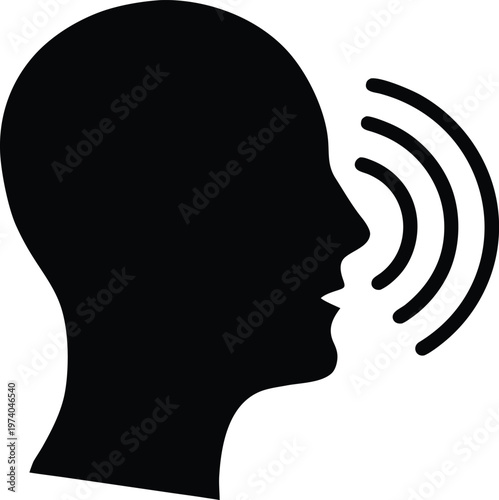 A black silhouette of a head speaking with sound waves emanating outward silhouette