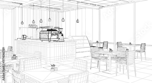 Wireframe sketch of a modern coffee shop interior with espresso machine.