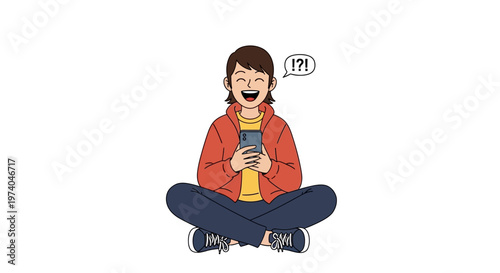 Young person sitting cross-legged, happily holding a smartphone.