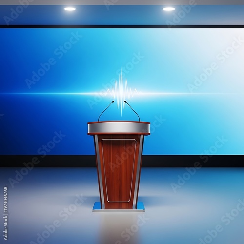 Podium with Microphones Stand Ready for Presentation Event or Conference