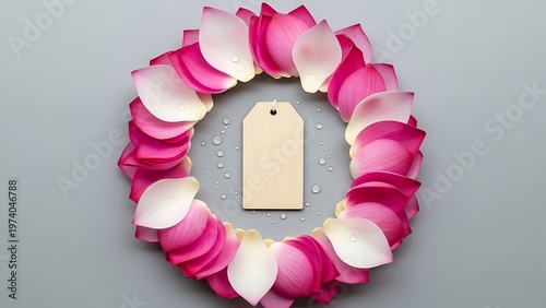 Pink and white floral wreath with blank tag on soothing gray backdrop