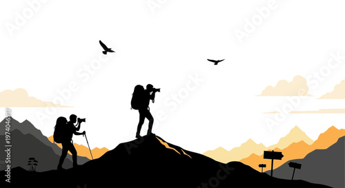 Silhouetted hikers on mountain peak with dramatic sky and birds
