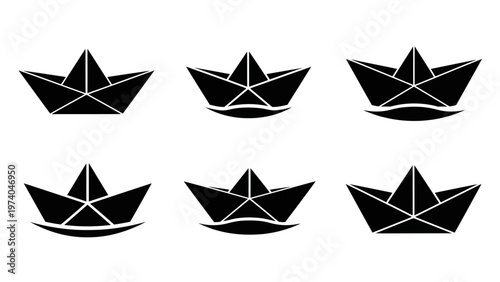 Origami Paper Boats Set, Floating on Water Waves, Simple Black Icons