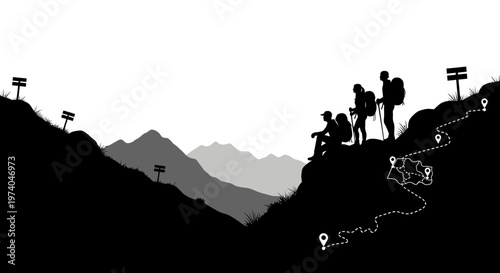 Silhouetted hikers on mountain trail with route markers vector illustration