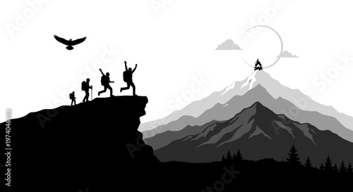 Silhouetted hikers on mountain with flying bird conceptual adventure illustration