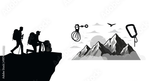 Silhouetted hikers on mountain with gear and stylized mountain range graphic