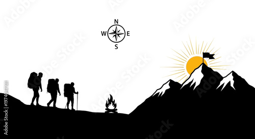 Silhouetted hikers trek toward a mountain peak compass goal illustration