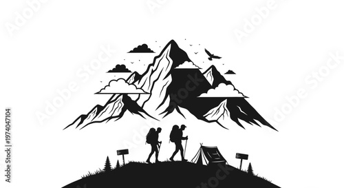 Silhouetted hikers trek toward mountain peak with tent and clouds against white backdrop