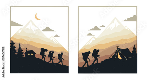 Silhouetted hikers trekking through mountainous terrain during dusk or dawn scenes