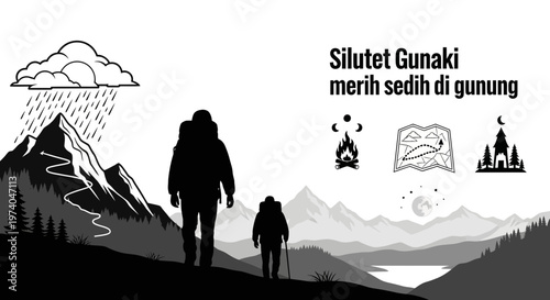 Silhouetted hikers trekking across mountain range under rainy sky