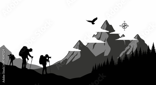 Silhouetted hikers trekking towards mountain peaks with compass and bird illustration