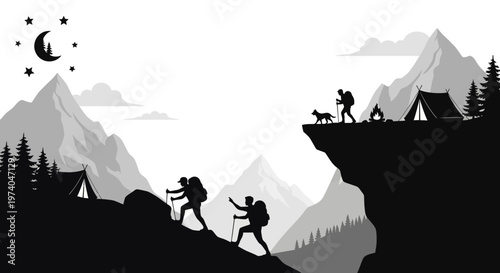 Silhouetted hikers trekking through mountainous terrain under starry night sky
