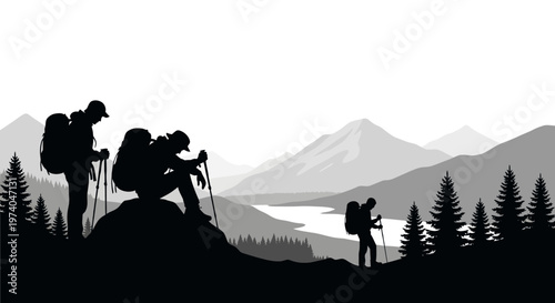 Silhouetted hikers with backpacks and hiking poles against mountain backdrop