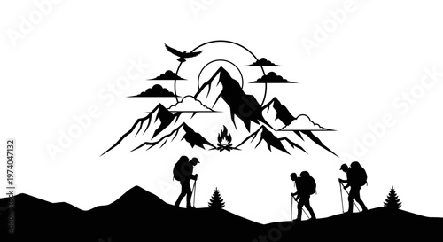 Silhouetted hikers trekking towards mountain summit at sunset vector illustration