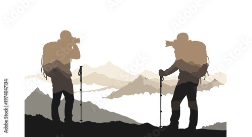 Silhouetted hikers with backpacks and cameras in front of mountain range