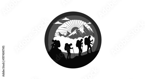 Silhouetted hikers trekking towards mountain summit in monochrome circular design