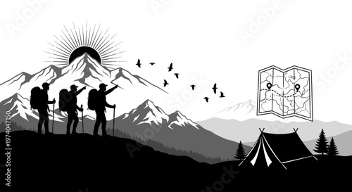 Silhouetted hikers with backpacks and mountain landscape vector illustration