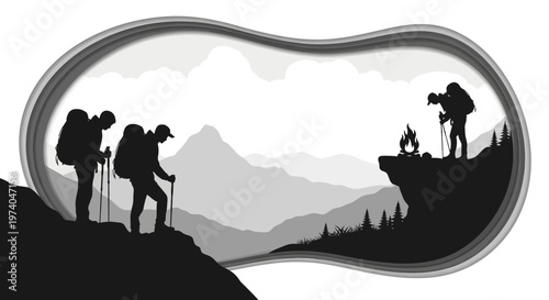 Silhouetted hikers with backpacks exploring mountain scenery and campfire