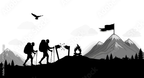 Silhouetted hikers with backpacks reach mountain peak with flag and campfire