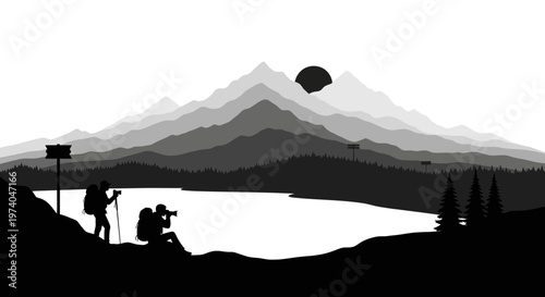 Silhouetted hikers with backpacks capturing mountain landscape at sunset