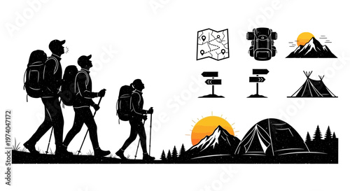 Silhouetted hikers with camping equipment and mountain illustrations on white