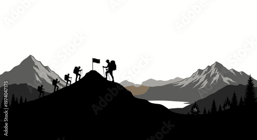 Silhouetted mountain climbers reaching summit with flag against white sky