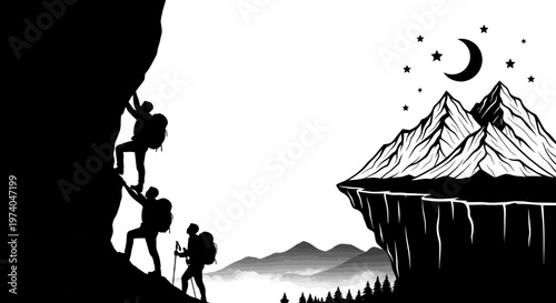 Silhouettes of climbers ascending a rocky cliff under a starry night sky