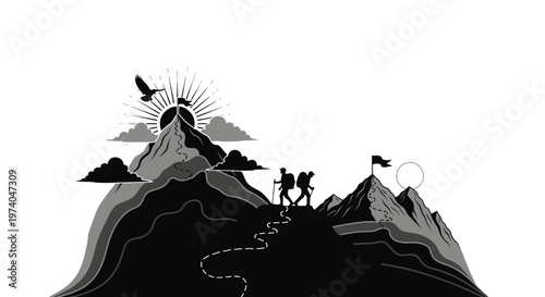 Silhouettes of hikers climbing mountains with flags under a rising sun illustration